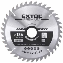 Extol Prémium körfűrészlap, keményfémlapkás, 184×30mm(lyuk átm), T40; 3,2mm lapkaszélesség, max. 7000 ford/perc