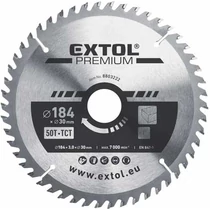 Extol Prémium körfűrészlap, keményfémlapkás, 184×30mm(lyuk átm), T50; 3,2mm lapkaszélesség, max. 7000 ford/perc