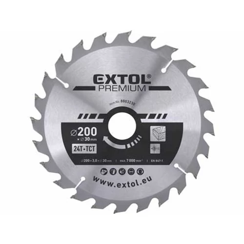 Extol Prémium körfűrészlap, keményfémlapkás, 200×30mm(lyuk átm), T24; 3,2mm lapkaszélesség, max. 7000 ford/perc