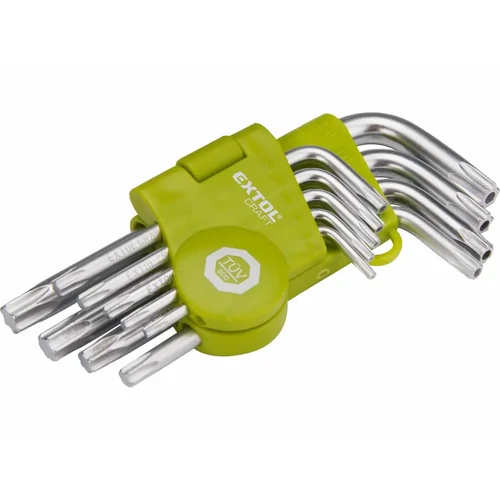 Extol TORX kulcs klt., rövid, Cr40, TÜV/GS; 9db, T10-T50, bliszteren, egyik vége lyukas
