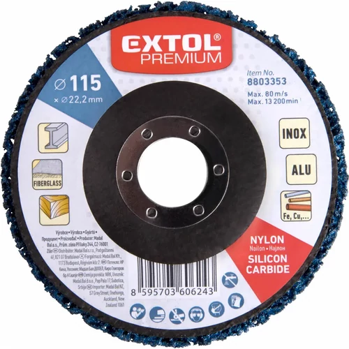 Extol Prémium csiszolókorong sarokcsiszolóhoz ("négertárcsa"), 11 5mm, 14 mm vastagság, üvegszálas hátlap, nylon és szilícium-karbid