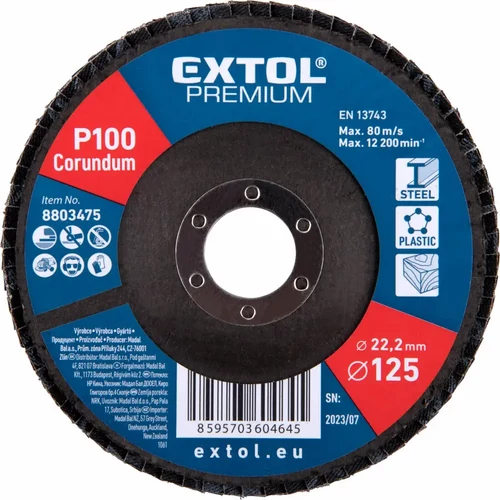 Extol Prémium lamellás csiszoló acél, Alu, műa. és fa munkadarabok csiszolására, 125×22mm; P100, kúpos,max.:12.300 ford./perc, EN13743