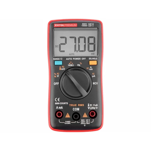 Extol Prémium digitális multiméter; Amper/Volt/Ohm mérő, True RMS, hangjelző funkcióval, CE, 2 db 1,5V AA elem