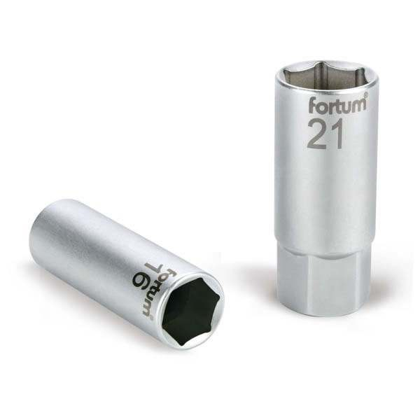 FORTUM gyertyakulcs dugófej 1/2", 61CrV5; 21 mm, gumírozott FORTUM