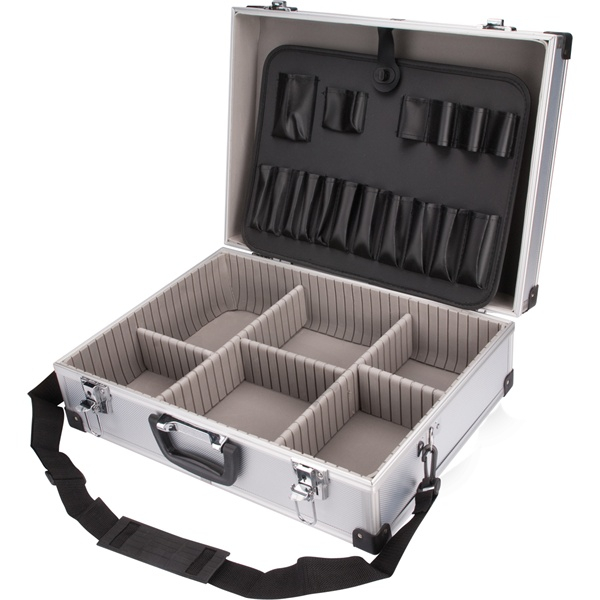 Szerszámostáska (koffer) alumínium 460×330×155 mm, ezüst színű, hordszíjjal