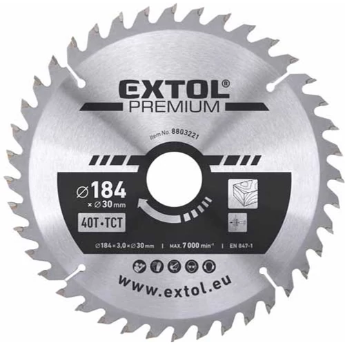 Extol Prémium körfűrészlap, keményfémlapkás, 184×30mm(lyuk átm), T40; 3,2mm lapkaszélesség, max. 7000 ford/perc