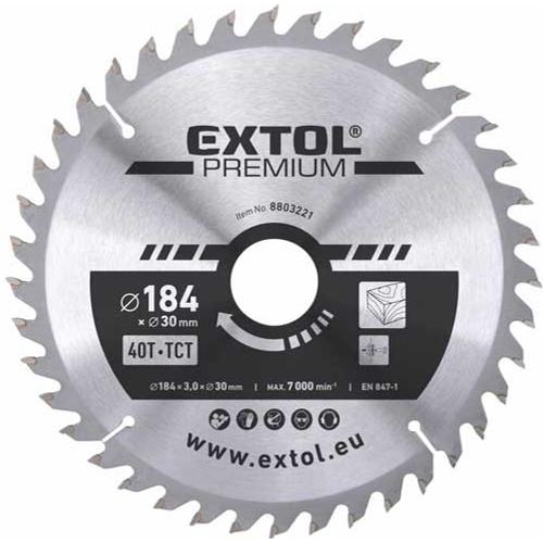 Extol Prémium körfűrészlap, keményfémlapkás, 184×30mm(lyuk átm), T40; 3,2mm lapkaszélesség, max. 7000 ford/perc