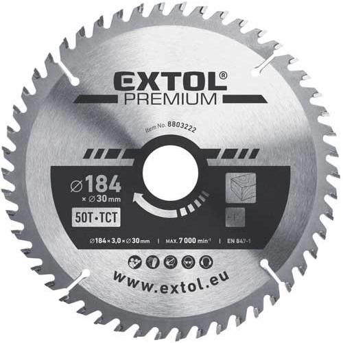 Extol Prémium körfűrészlap, keményfémlapkás, 184×30mm(lyuk átm), T50; 3,2mm lapkaszélesség, max. 7000 ford/perc