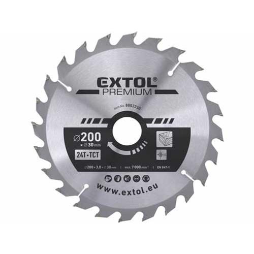 Extol Prémium körfűrészlap, keményfémlapkás, 200×30mm(lyuk átm), T24; 3,2mm lapkaszélesség, max. 7000 ford/perc