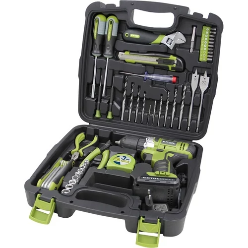 Extol akkus fúró csavarozó, 12V, Li-ion, 1db 1300 mAh akku + 46 db szerszám klt. (422800)