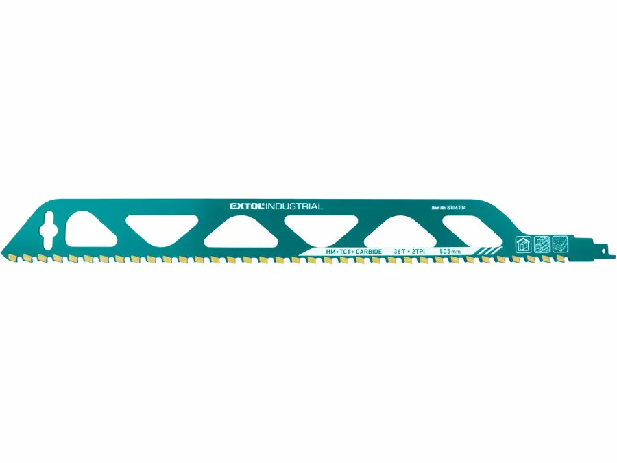 Extol Industrial szablyafűrészlap 1 db, Bosch befogás, HM/TCT fogak, 505 mm, 2TPI, gázbetonhoz, egyenes, durva vágás