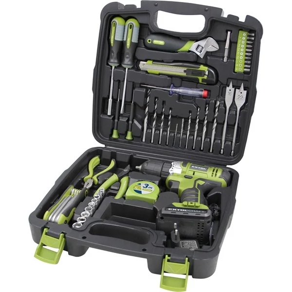 Extol akkus fúró csavarozó, 12V, Li-ion, 1db 1300 mAh akku + 46 db szerszám klt. (422800)